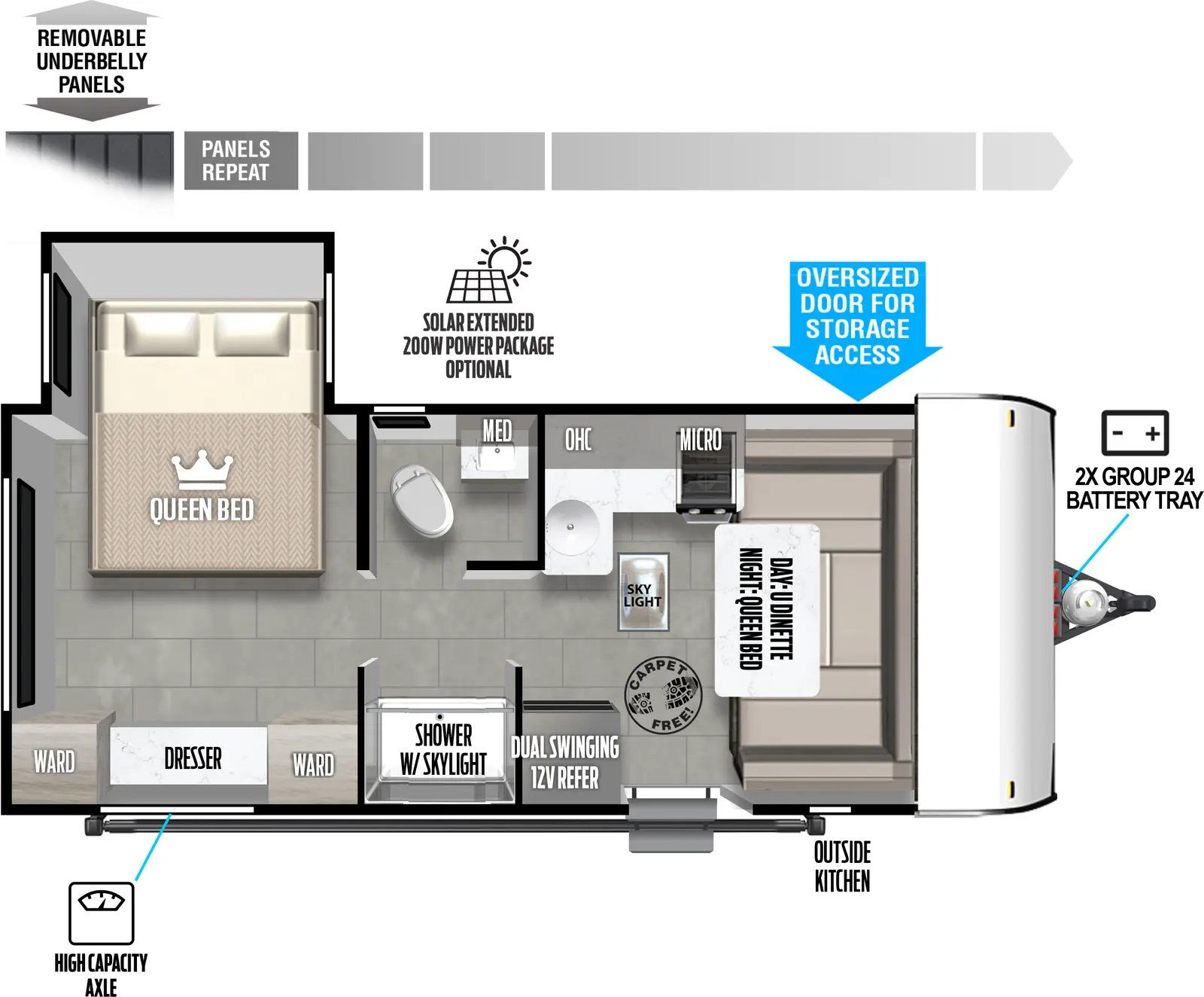 The Wildwood FSX 169RSK floorplan has one entry and one slide out. Exterior features include: fiberglass exterior, 15' awning and outside kitchen. Interiors features include: u-dinette, rear bedroom and front living.